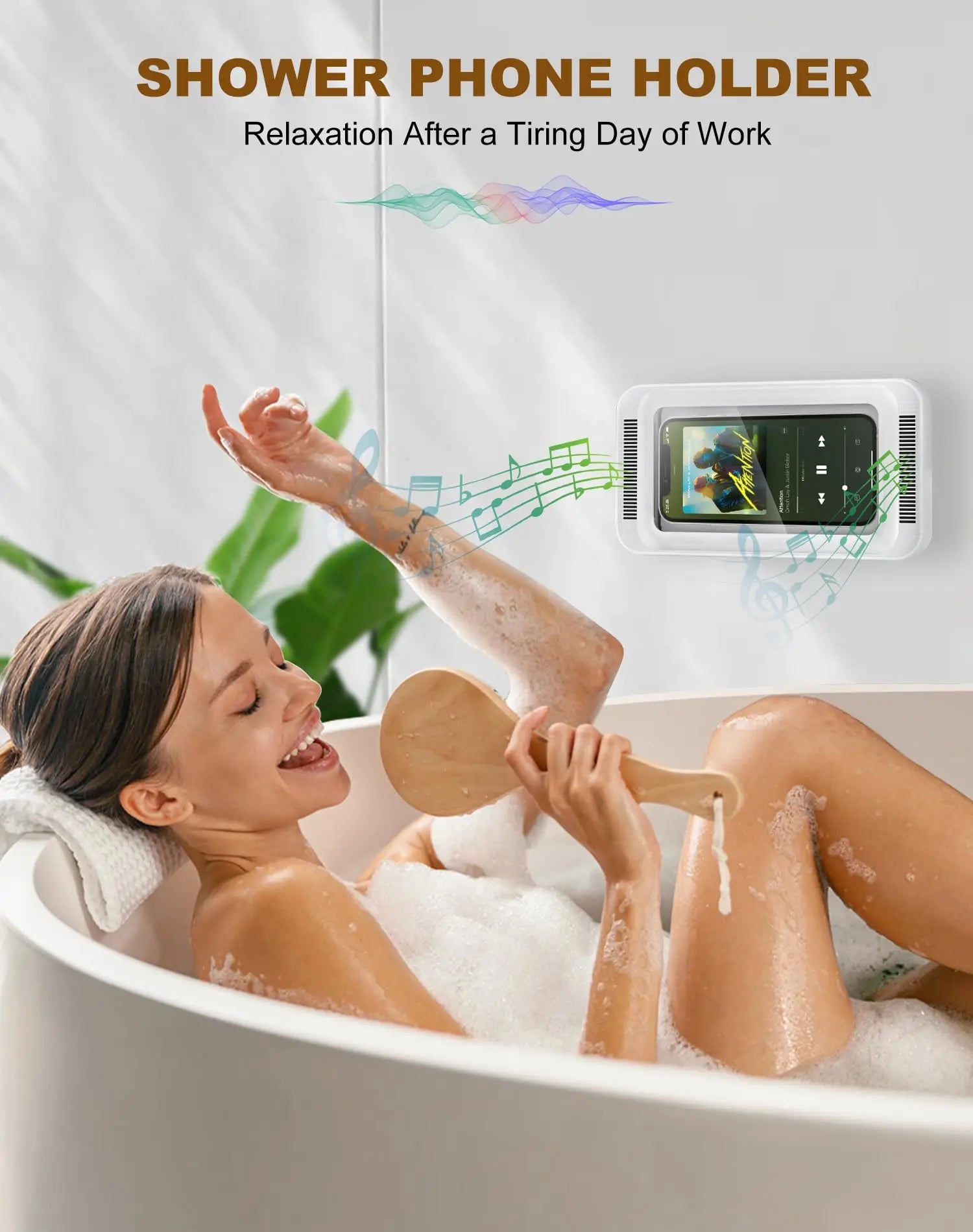 Shower Phone Holder with Speaker 480 Rotation, Wall Phone Mount for Shower Waterproof anti Fog Shower Case for 4-7" Phones